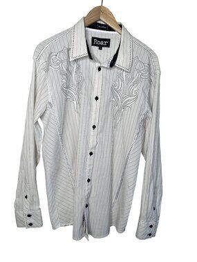 Roar Mens White Embroidered Button-Down Trent Shirt Size Large